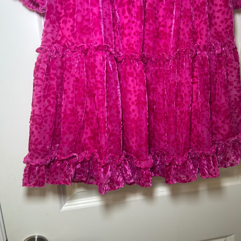 Shoshanna Magenta Pink Burnout Velvet Ruffle Mini Dress 8 Smocked Waist party - Picture 5 of 9